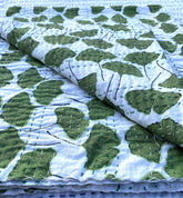 Green Ginkgo Leaf Kantha Quilt: Cotton Throw