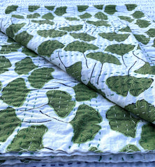 Green Ginkgo Leaf Kantha Quilt: Cotton Throw