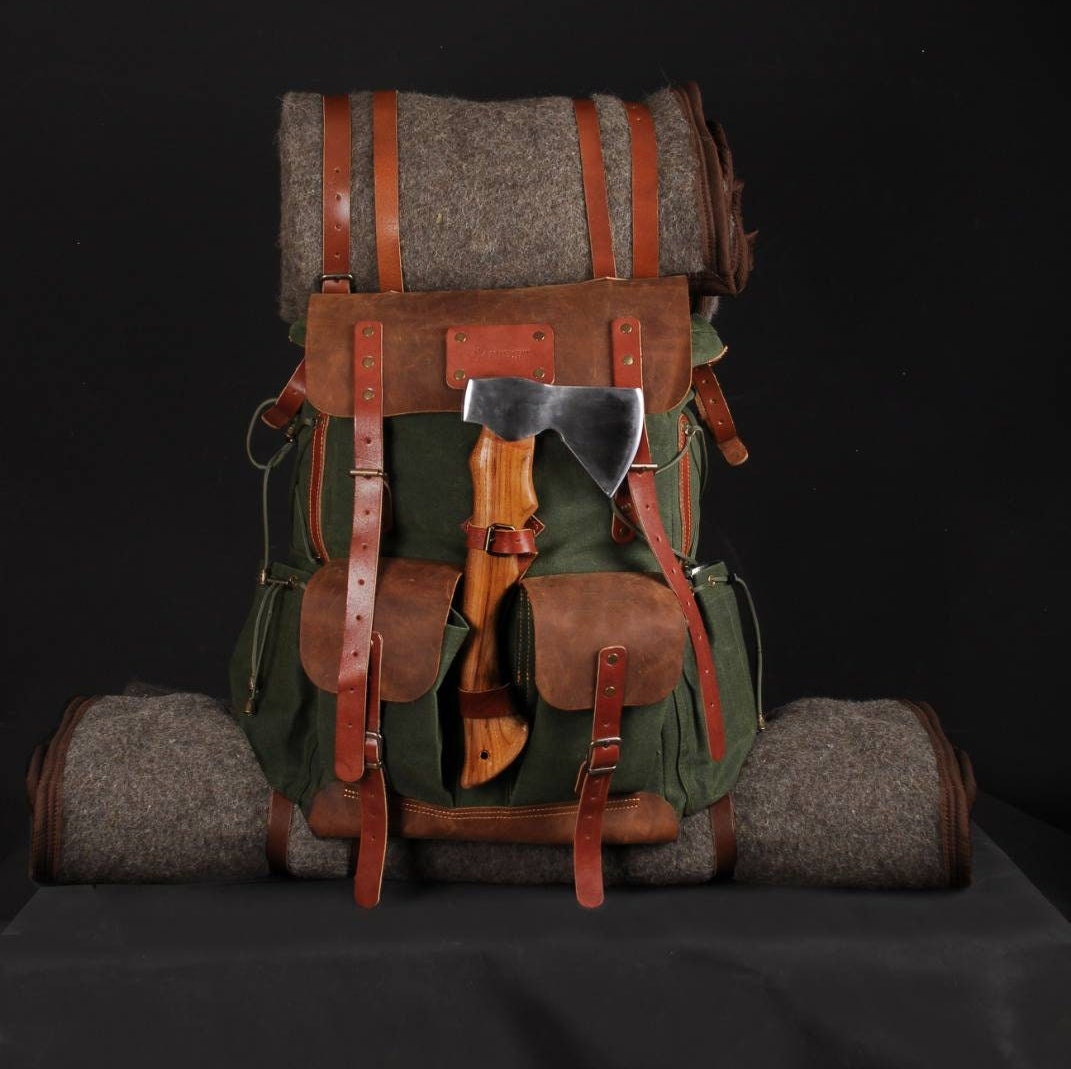Waxed Canvas and Leather Backpack with Metal Details, 60 Liters