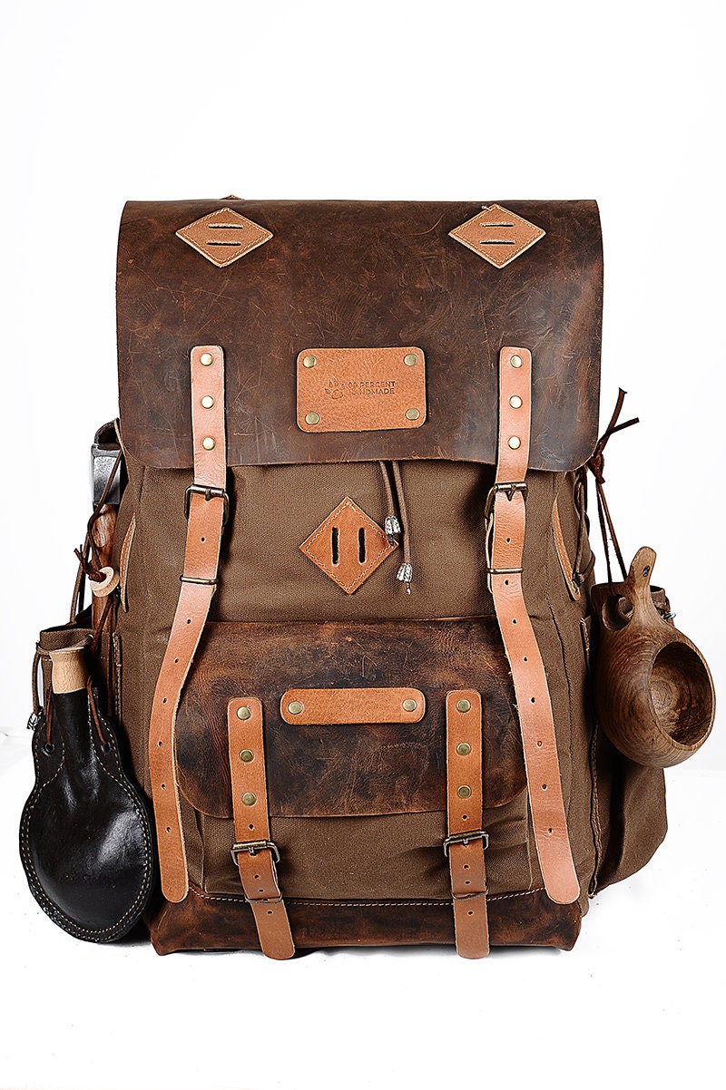 Wax Canvas and Genuine Leather Backpack, 50 Liters