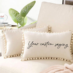Velvet Pom Pom Personalized Words Pillow, Name Pillow, Customized Phrase, Quote Pillow, Foyer Entryway Bench Decor, Funny Gift For Friends