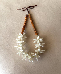White Pikake Flower and Sandalwood Car Lei, 18" Rearview Mirror Charm