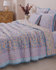 Sky Blue Floral Hand Block Printed Cotton Quilt, Botanical Flower Comforter, Reversible All Season Bedspread, Boho Queen King Bedding