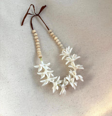 White Pikake Flower and Sandalwood Car Lei, 18" Rearview Mirror Charm