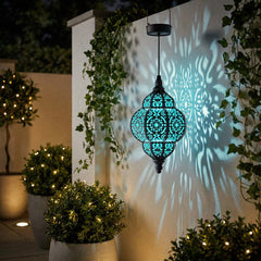 Hanging Solar Lantern, Moroccan Style Blue Waterproof Plastic Solar Light