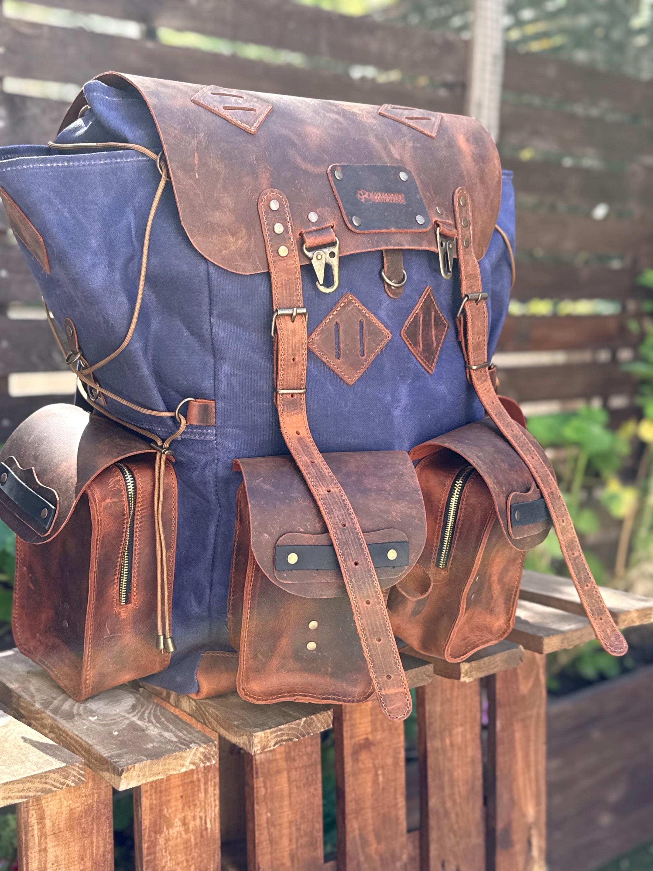 Waxed Canvas Backpack with Leather Details, 50 L