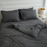 Gray Washed Cotton Bedding With Black Stripes – Duvet Cover Set, Fitted Sheet & Pillowcases