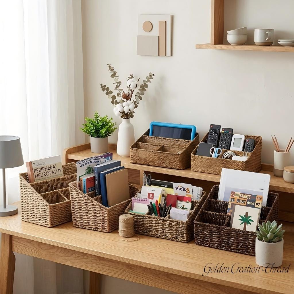 Desk Organizer Basket with Multiple Compartments for Office Supplies