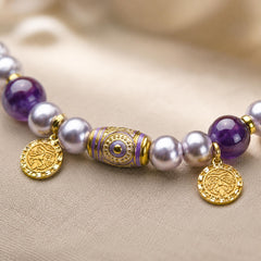 Purple Crystal Pearl Dog Collar with Gold Charms