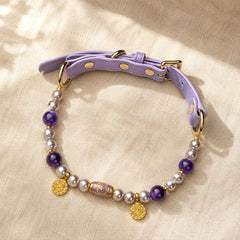 Purple Crystal Pearl Dog Collar with Gold Charms