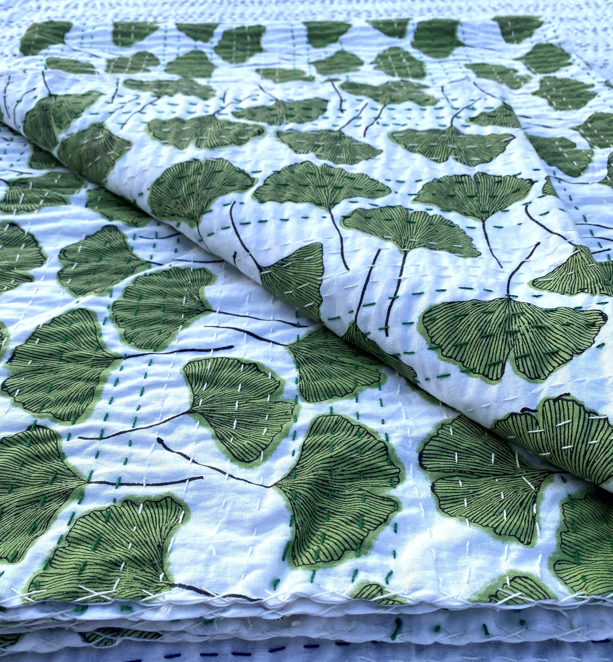 Green Ginkgo Leaf Kantha Quilt: Cotton Throw