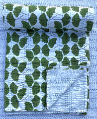 Green Ginkgo Leaf Kantha Quilt: Cotton Throw