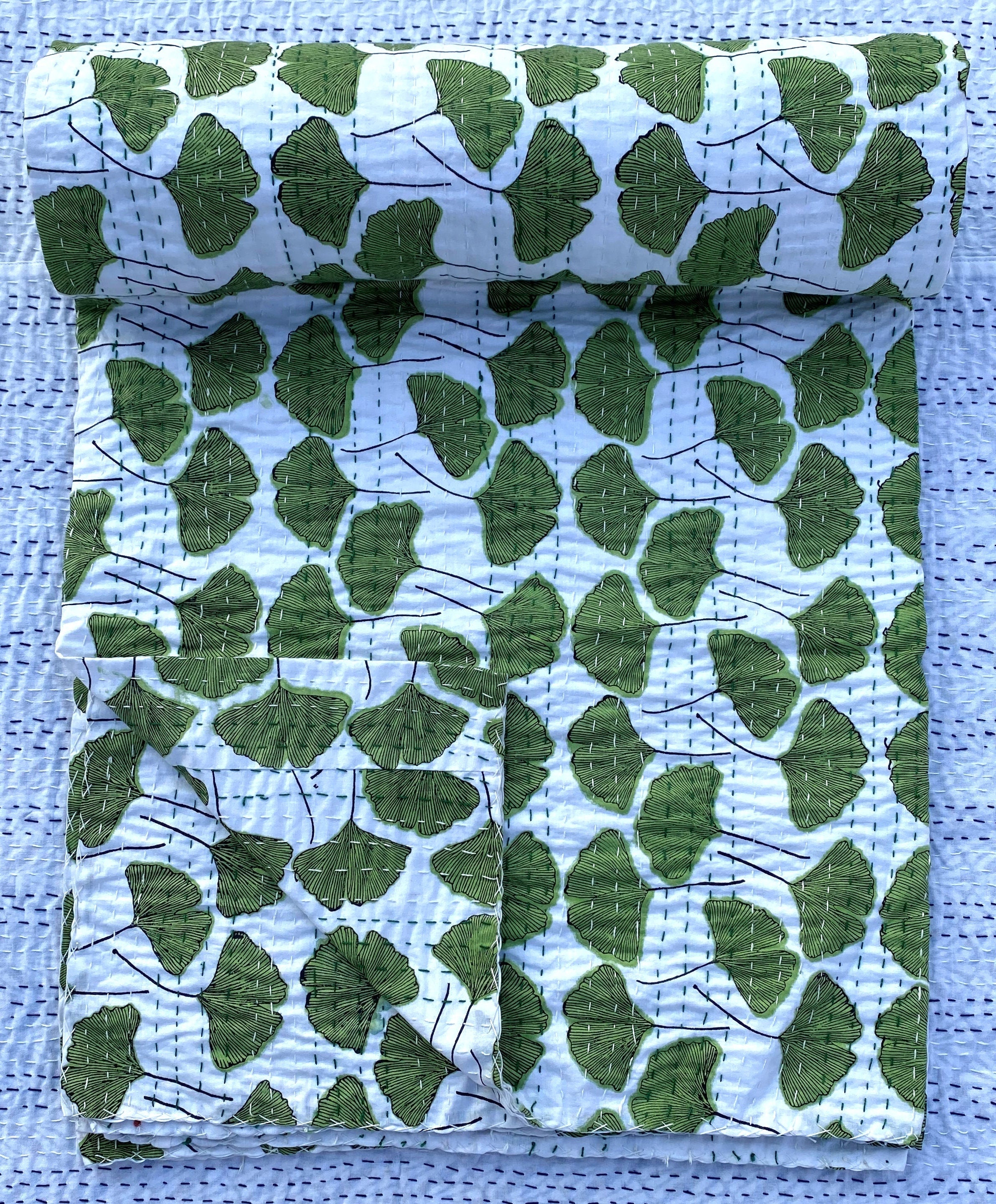 Green Ginkgo Leaf Kantha Quilt: Cotton Throw