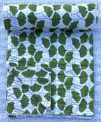 Green Ginkgo Leaf Kantha Quilt: Cotton Throw