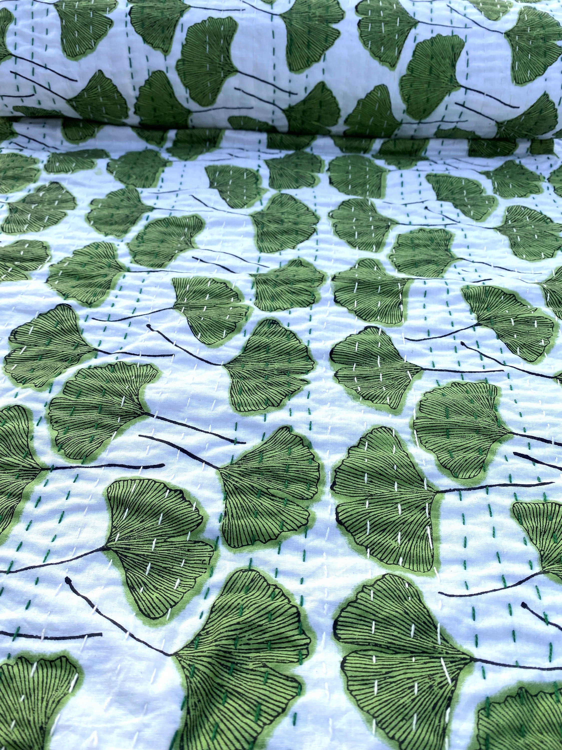 Green Ginkgo Leaf Kantha Quilt: Cotton Throw