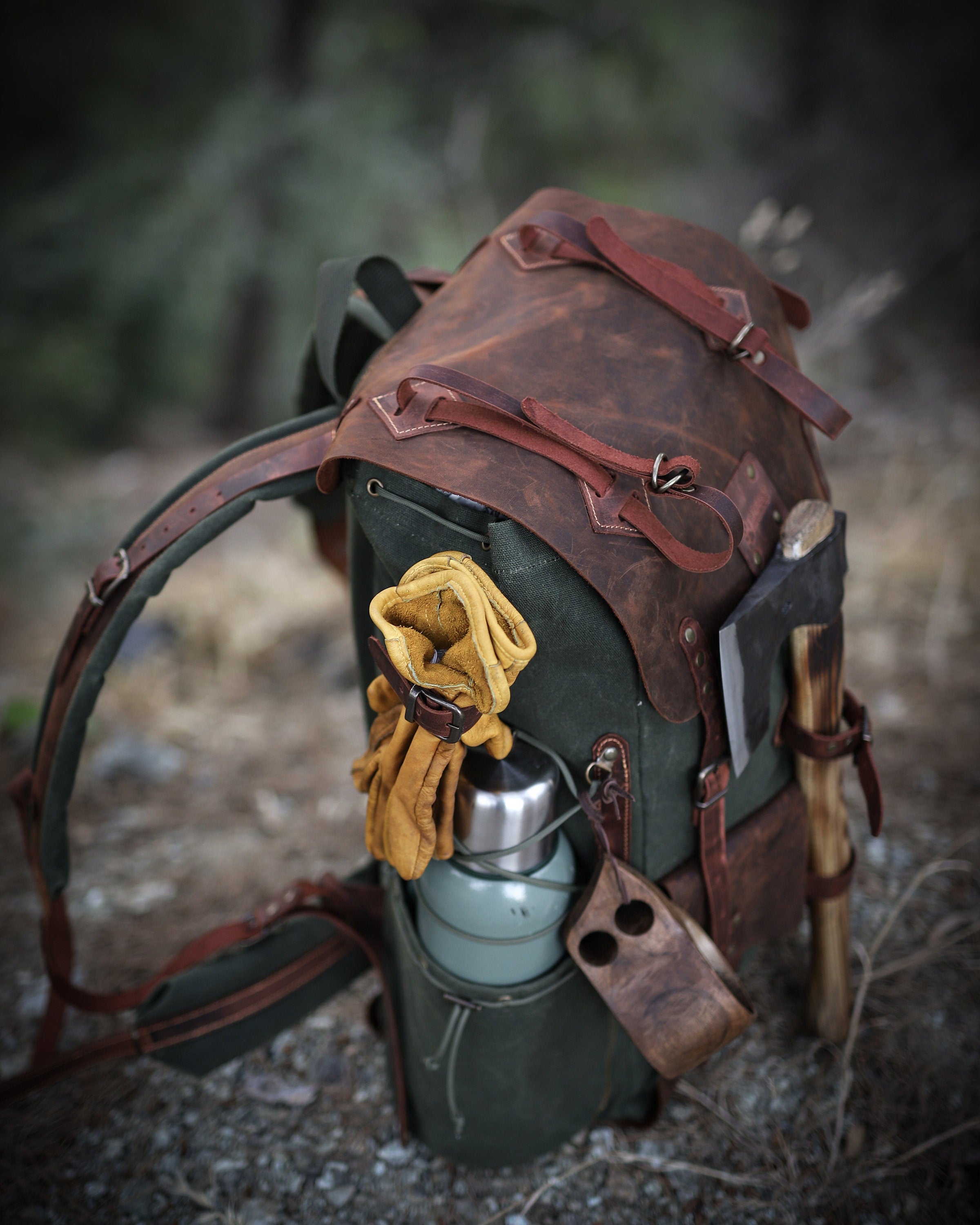 Waxed Canvas and Leather Backpack with Metal Details, 60 Liters