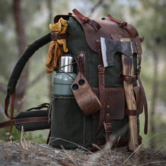 Waxed Canvas Backpack with Leather Flap and Bottom | 30L, 40L, 50L | Black, Brown, Green