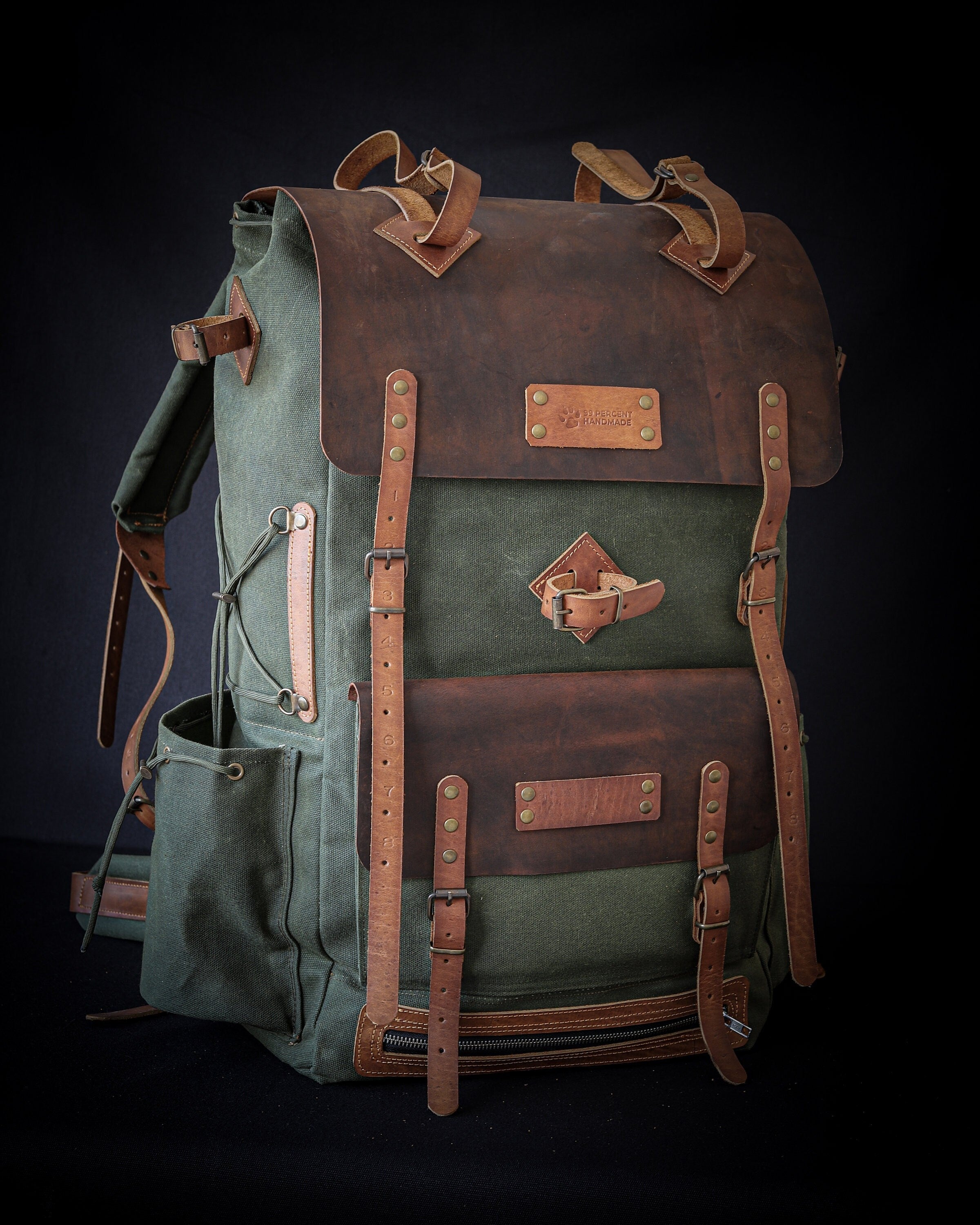 Leather and Waxed Canvas Backpack, 50 Liter