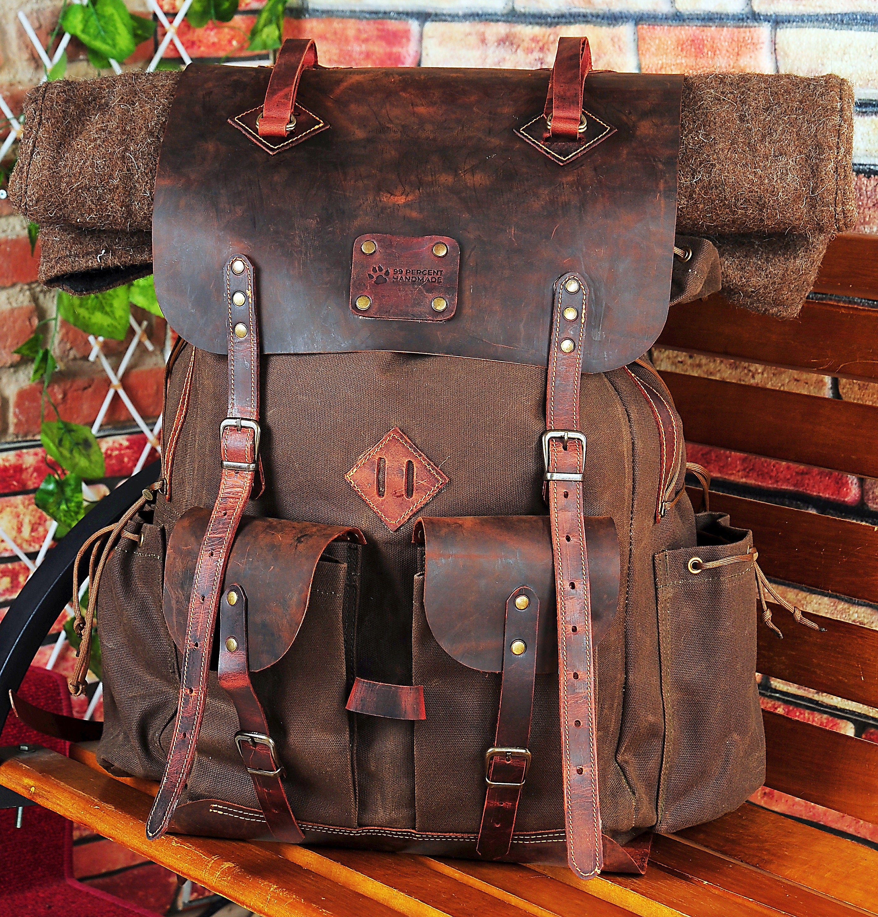 Waxed Canvas Backpack with Leather Flap and Bottom