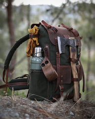 Waxed Canvas and Leather Backpack with Metal Details, 60 Liters