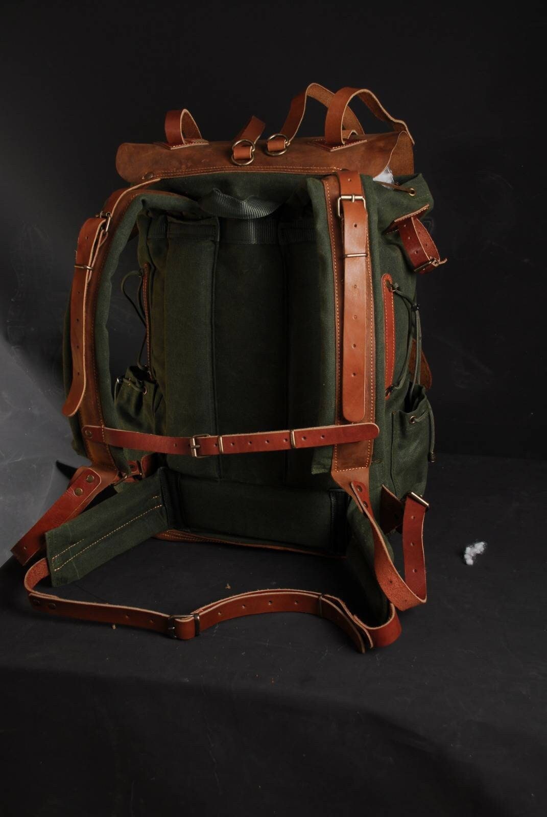 Waxed Canvas and Leather Backpack with Metal Details, 60 Liters