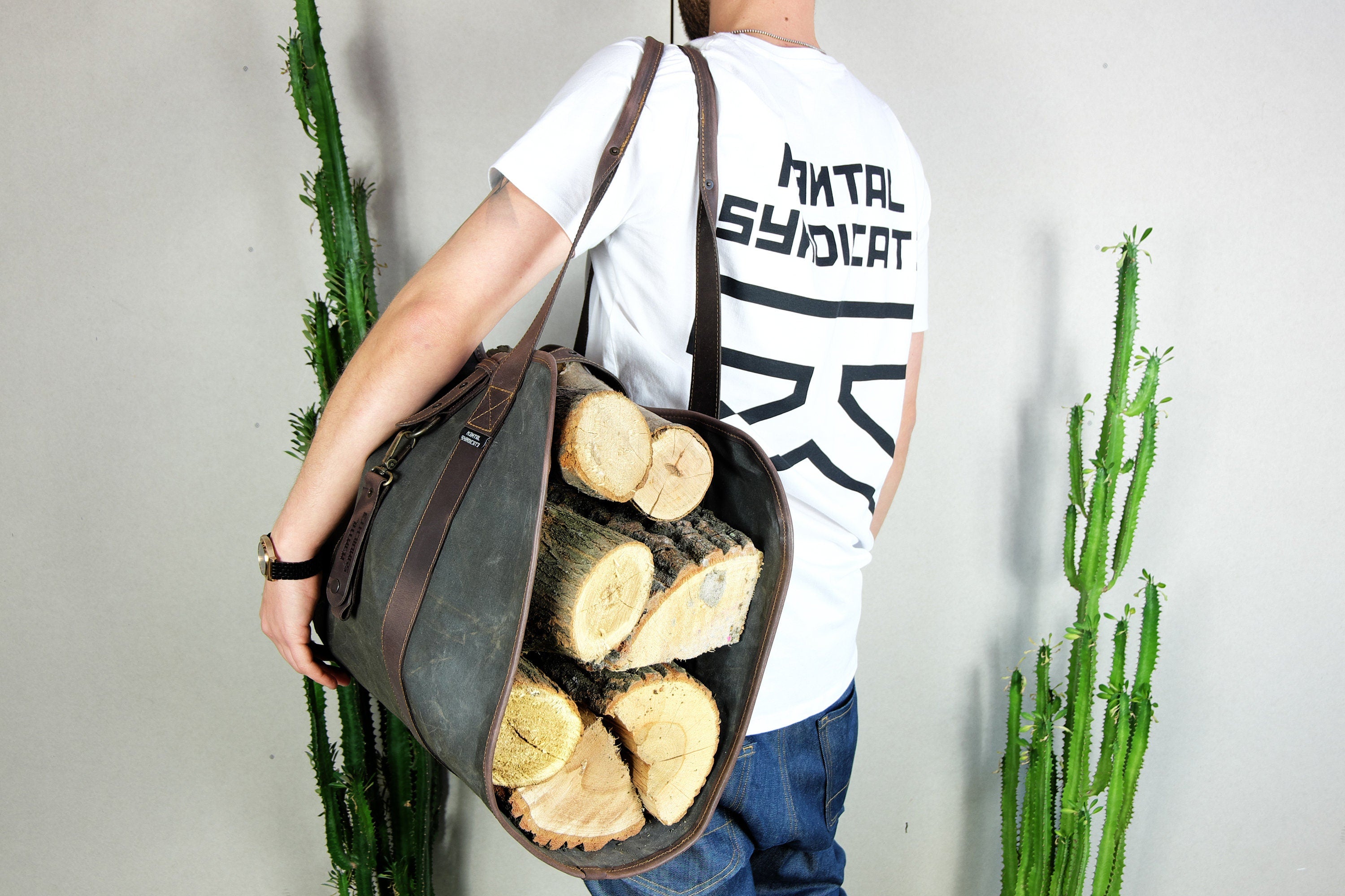 Waxed Canvas Firewood Carrier with Leather Handles