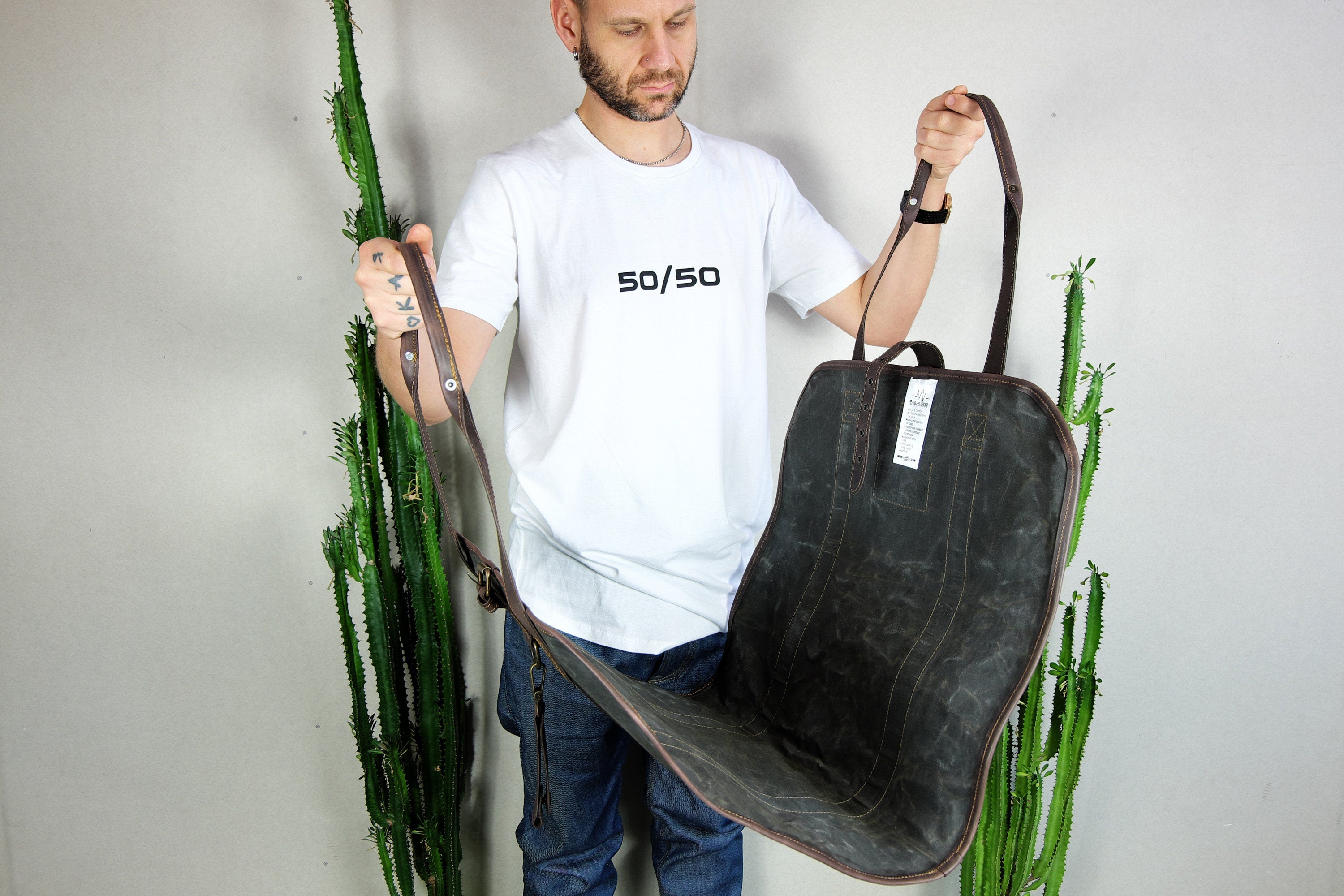 Waxed Canvas Firewood Carrier with Leather Handles