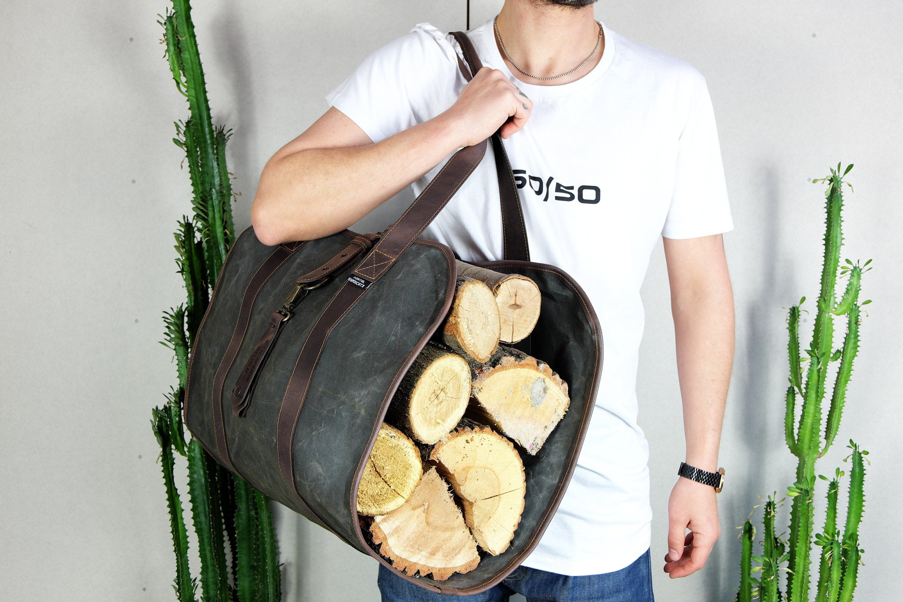 Waxed Canvas Firewood Carrier with Leather Handles