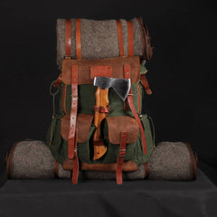 Waxed Canvas and Leather Backpack with Metal Details, 60 Liters