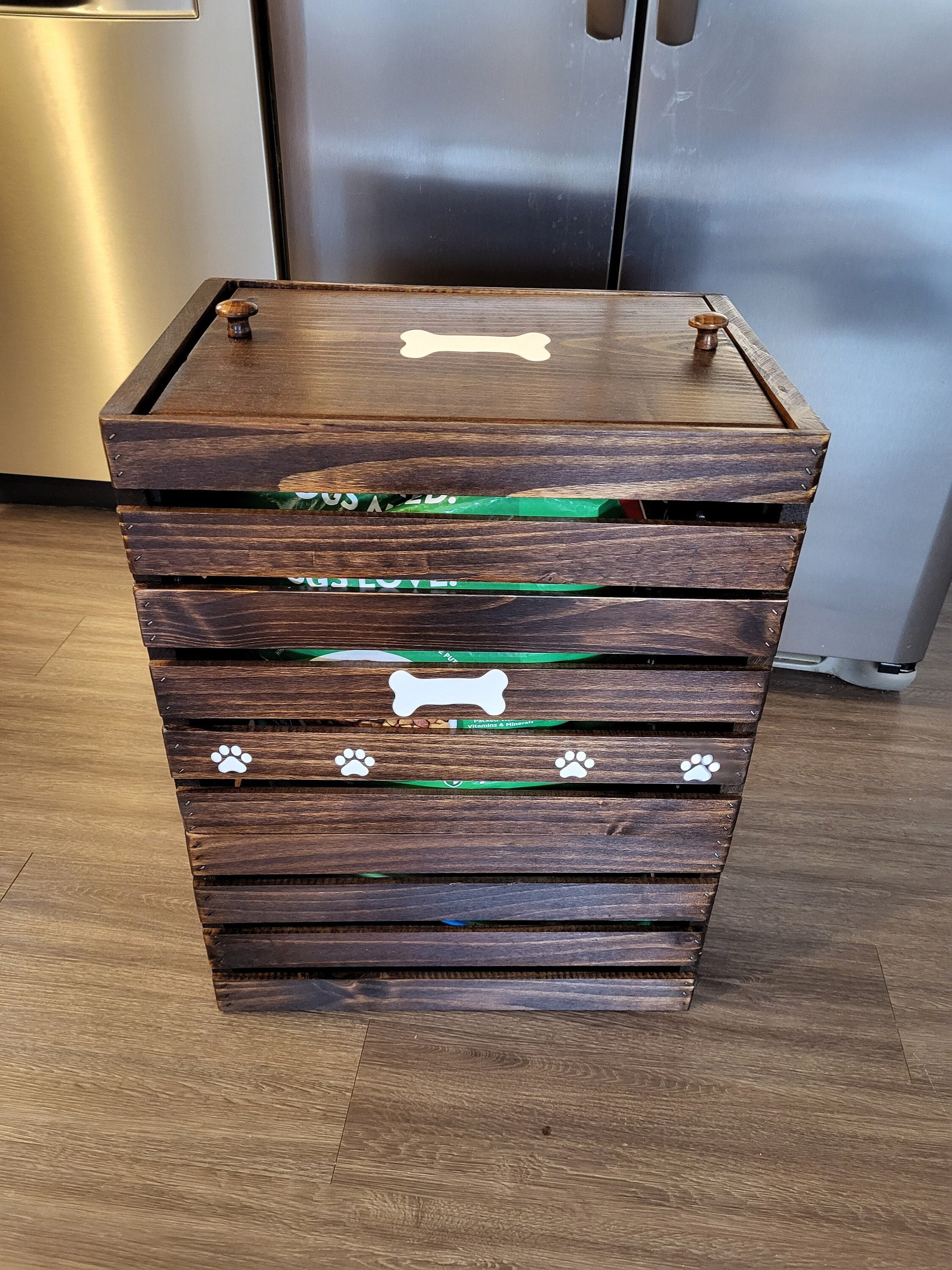 Dog Food Storage Bin - Wooden Pet Food Container - Walnut Pet Furniture