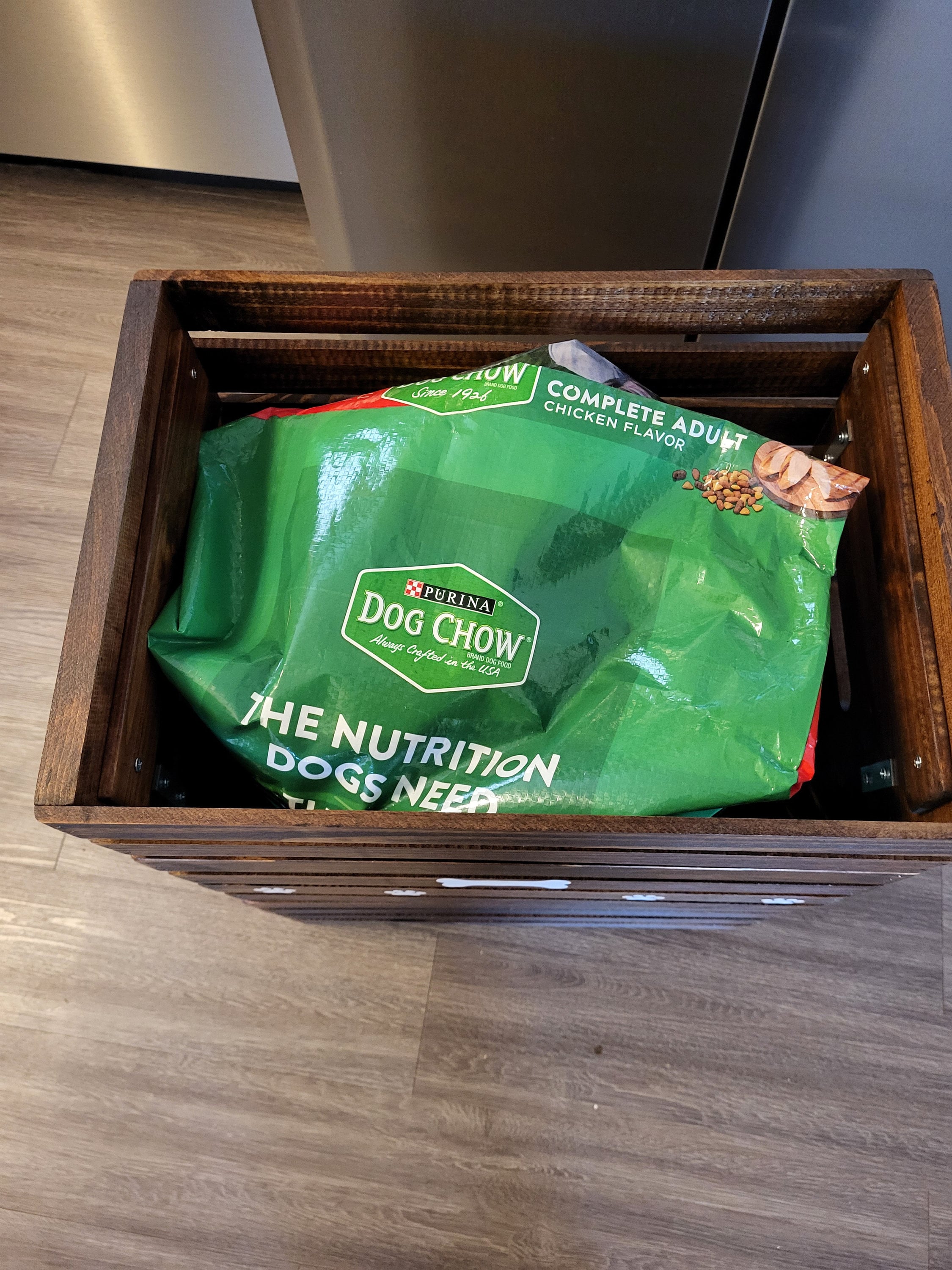 Dog Food Storage Bin - Wooden Pet Food Container - Walnut Pet Furniture