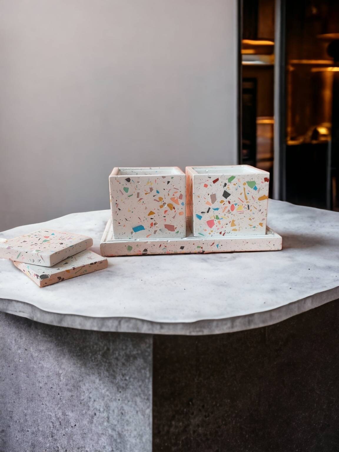 Terrazzo Lidded Jar with Tray Set: Decorative Kitchen Storage
