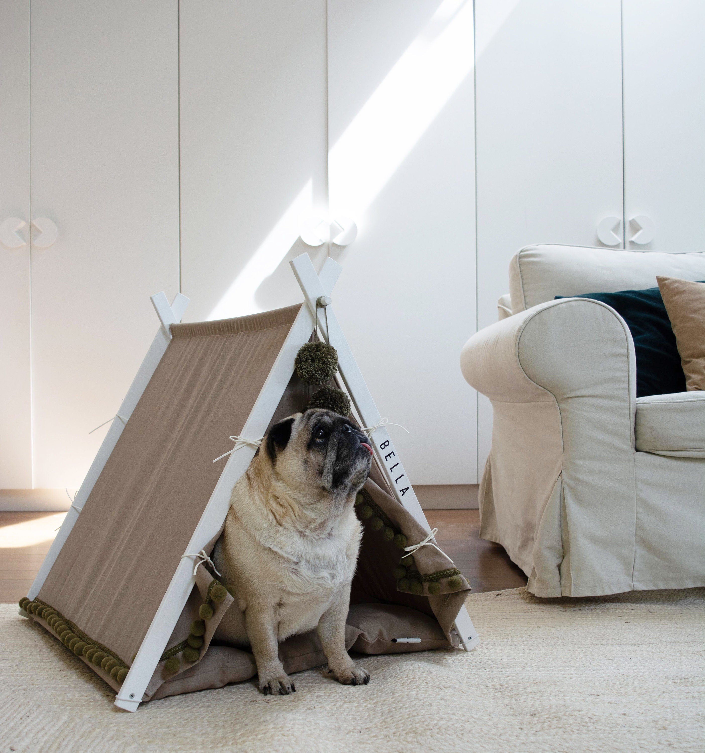 Boho Khaki Dog Teepee Bed. Personalized Pug, Frenchie Gift. Custom Japandi Pet Tent