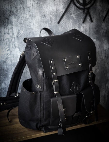 Waxed Canvas Backpack with Leather Flap and Bottom