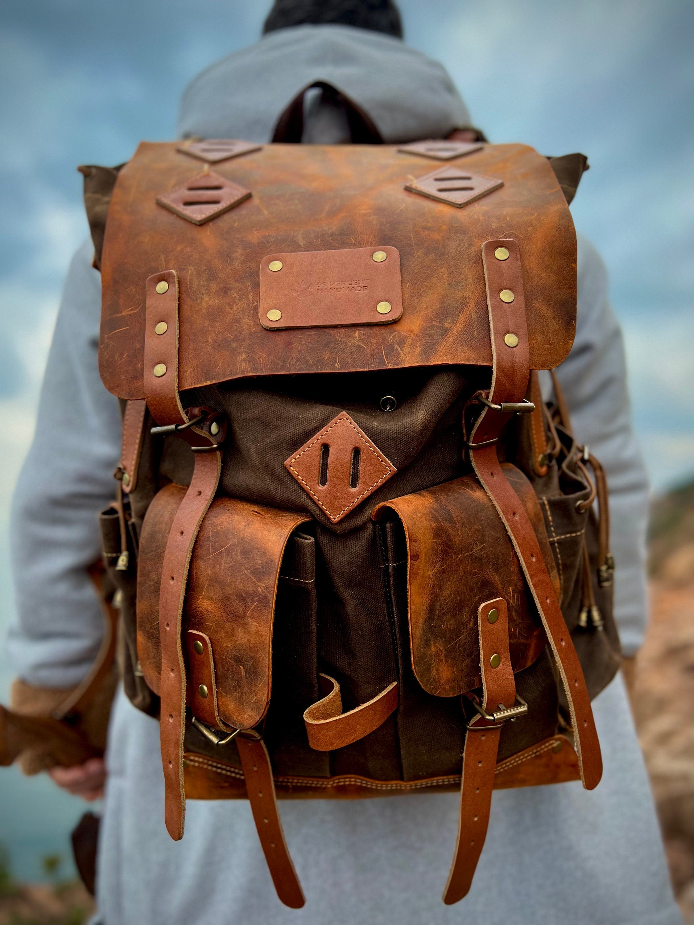 Waxed Canvas Backpack with Leather Flap and Bottom