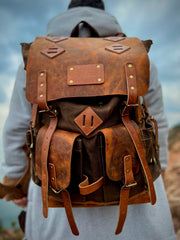 Waxed Canvas Backpack with Leather Flap and Bottom