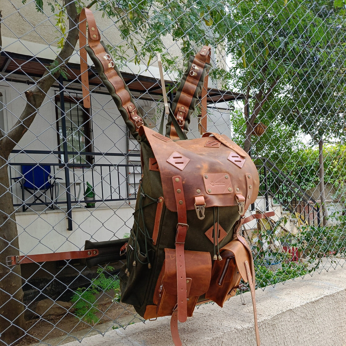 Waxed Canvas Backpack with Leather Flap and Bottom