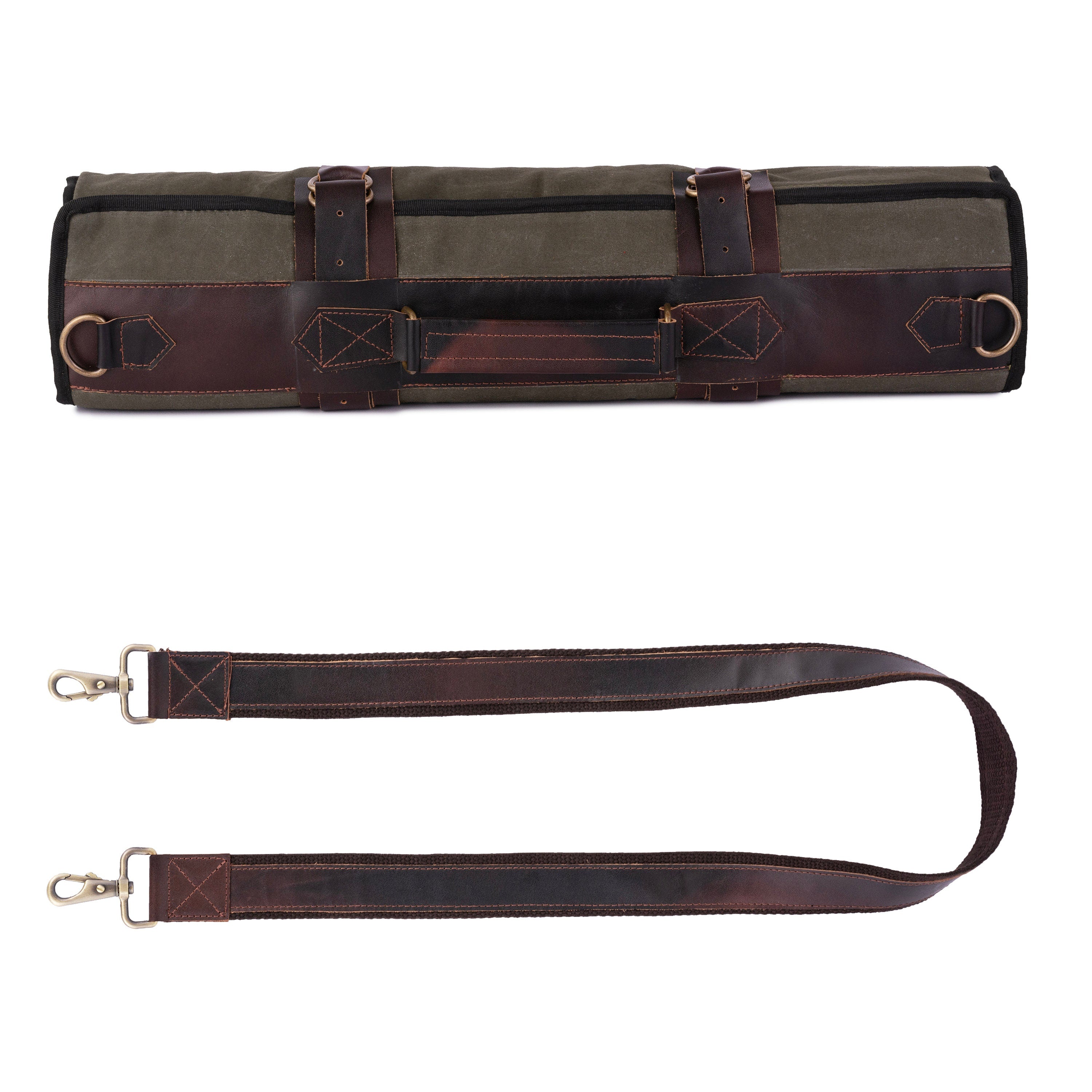 Green Waxed Canvas Leather Pocket 11 Pocket Chef Roll, Tool Holder, Leather Roll Bag, Chef Case