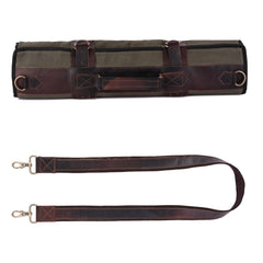 Green Waxed Canvas Leather Pocket 11 Pocket Chef Roll, Tool Holder, Leather Roll Bag, Chef Case
