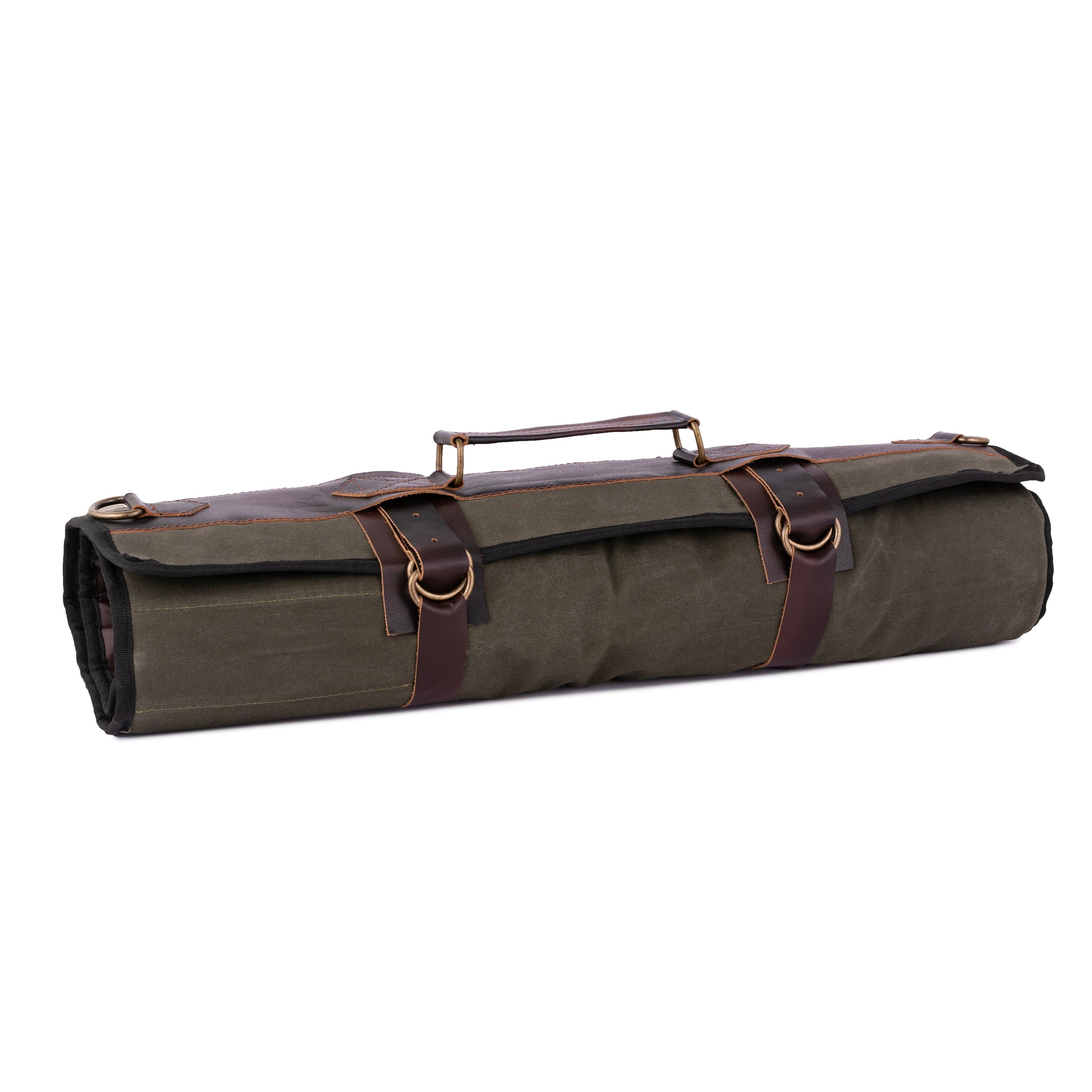 Green Waxed Canvas Leather Pocket 11 Pocket Chef Roll, Tool Holder, Leather Roll Bag, Chef Case