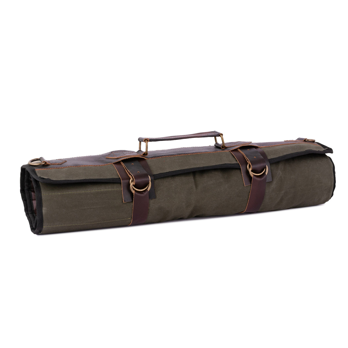 Green Waxed Canvas Leather Pocket 11 Pocket Chef Roll, Tool Holder, Leather Roll Bag, Chef Case