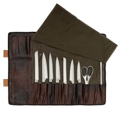 Green Waxed Canvas Leather Pocket 11 Pocket Chef Roll, Tool Holder, Leather Roll Bag, Chef Case