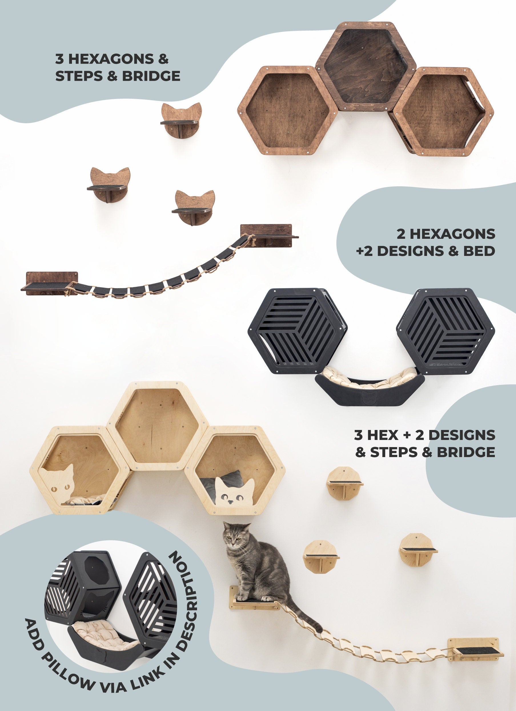 Cat Wall Shelves, Hexagon Cat Furniture, Wood Cat Climbing Shelves