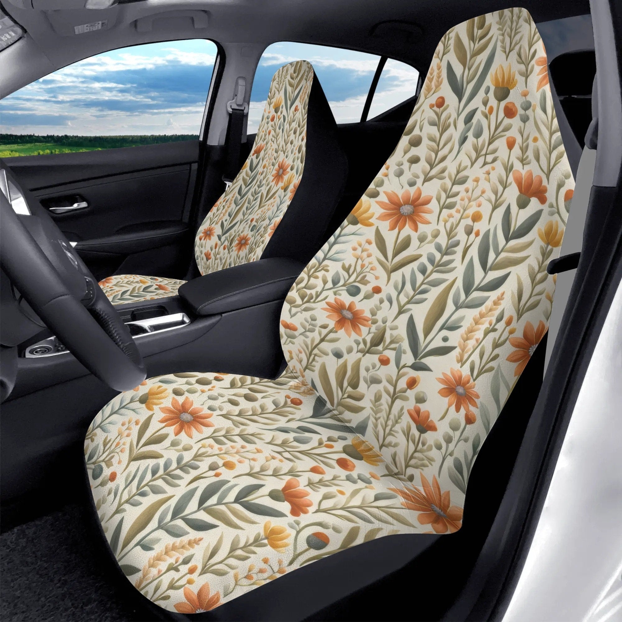 Boho Floral Car Seat Covers Light Rust Tan Spring Summer Flower Car Seat Accessories Front Back