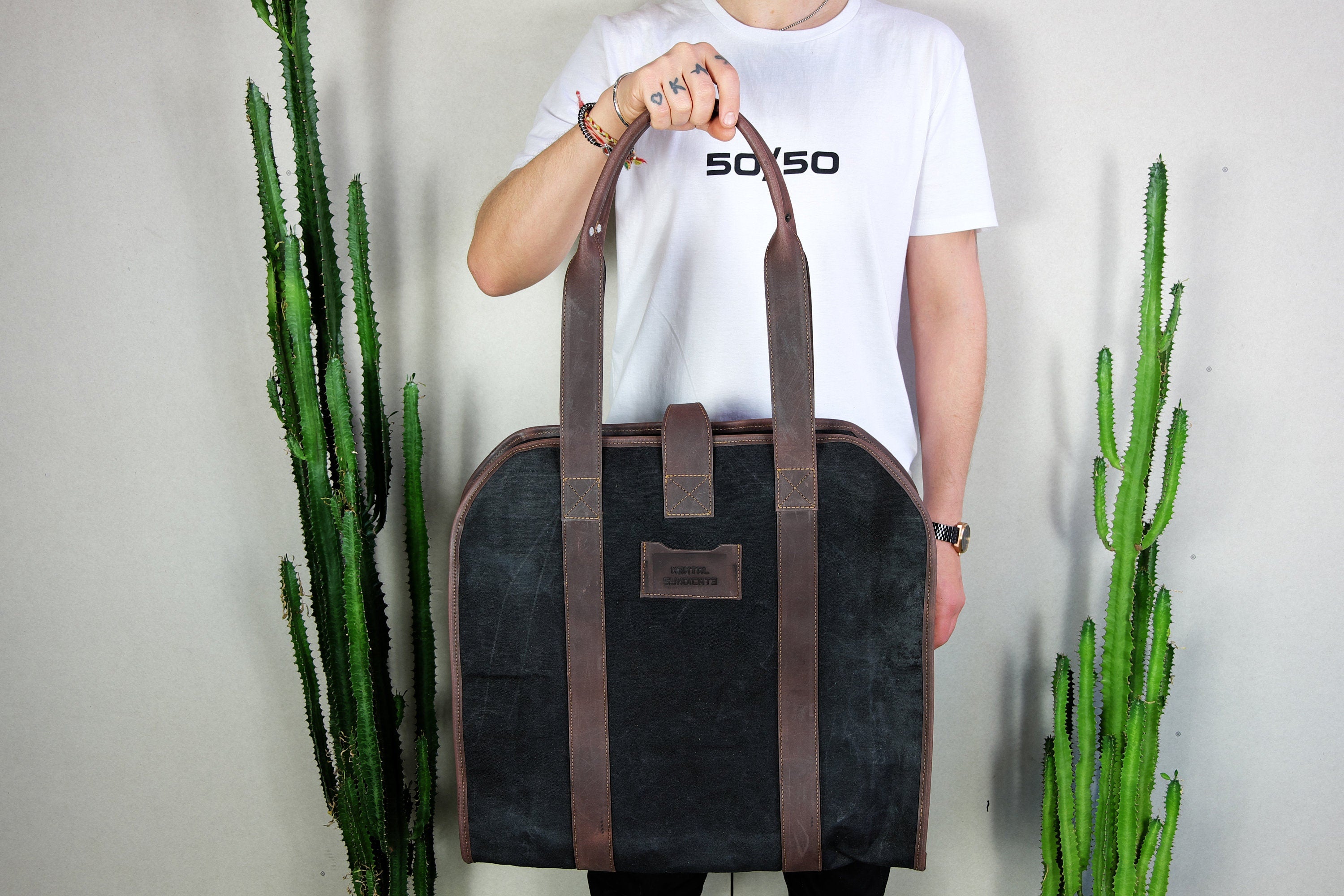 Waxed Canvas Firewood Carrier with Leather Handles
