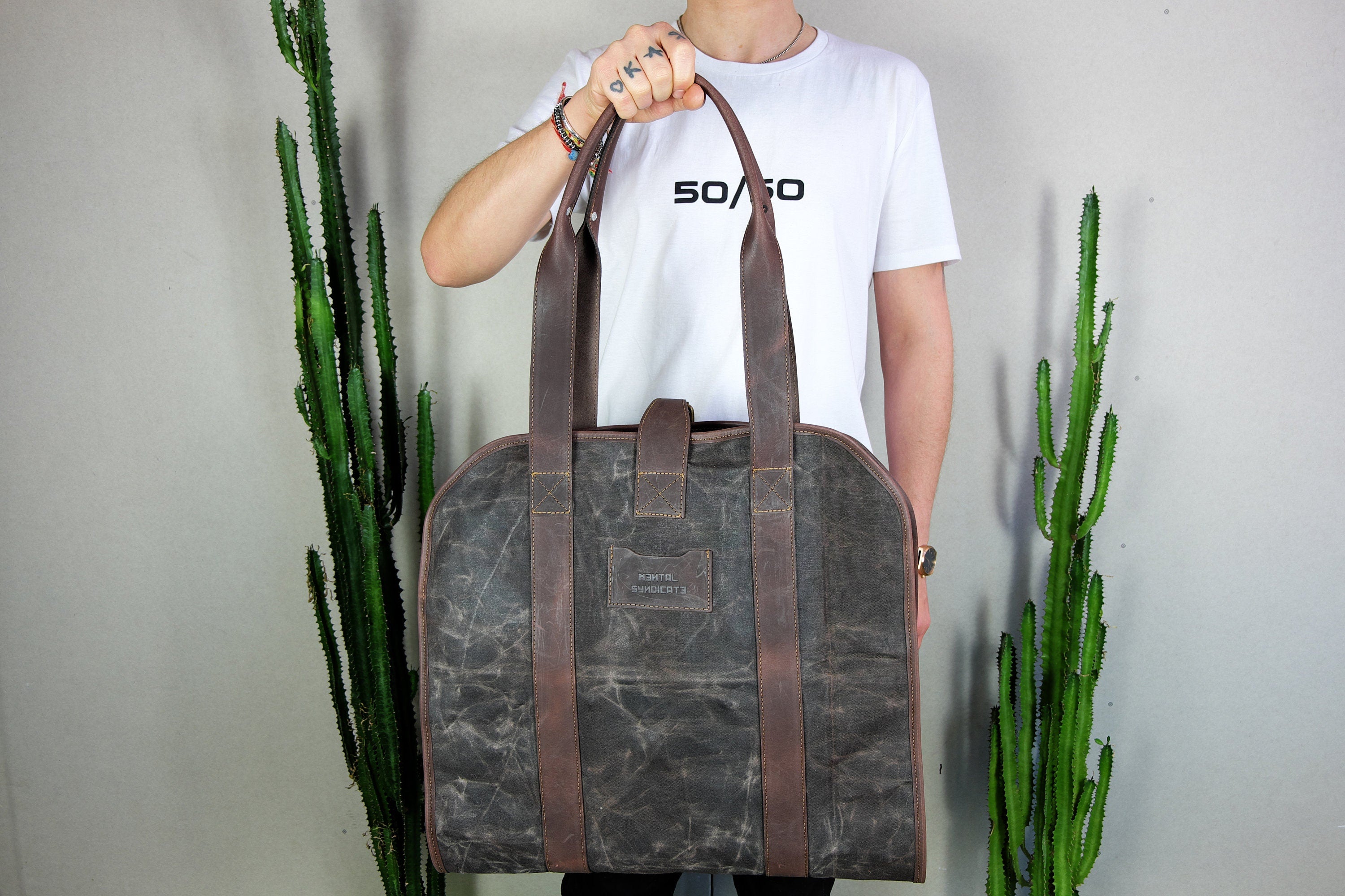 Waxed Canvas Firewood Carrier with Leather Handles
