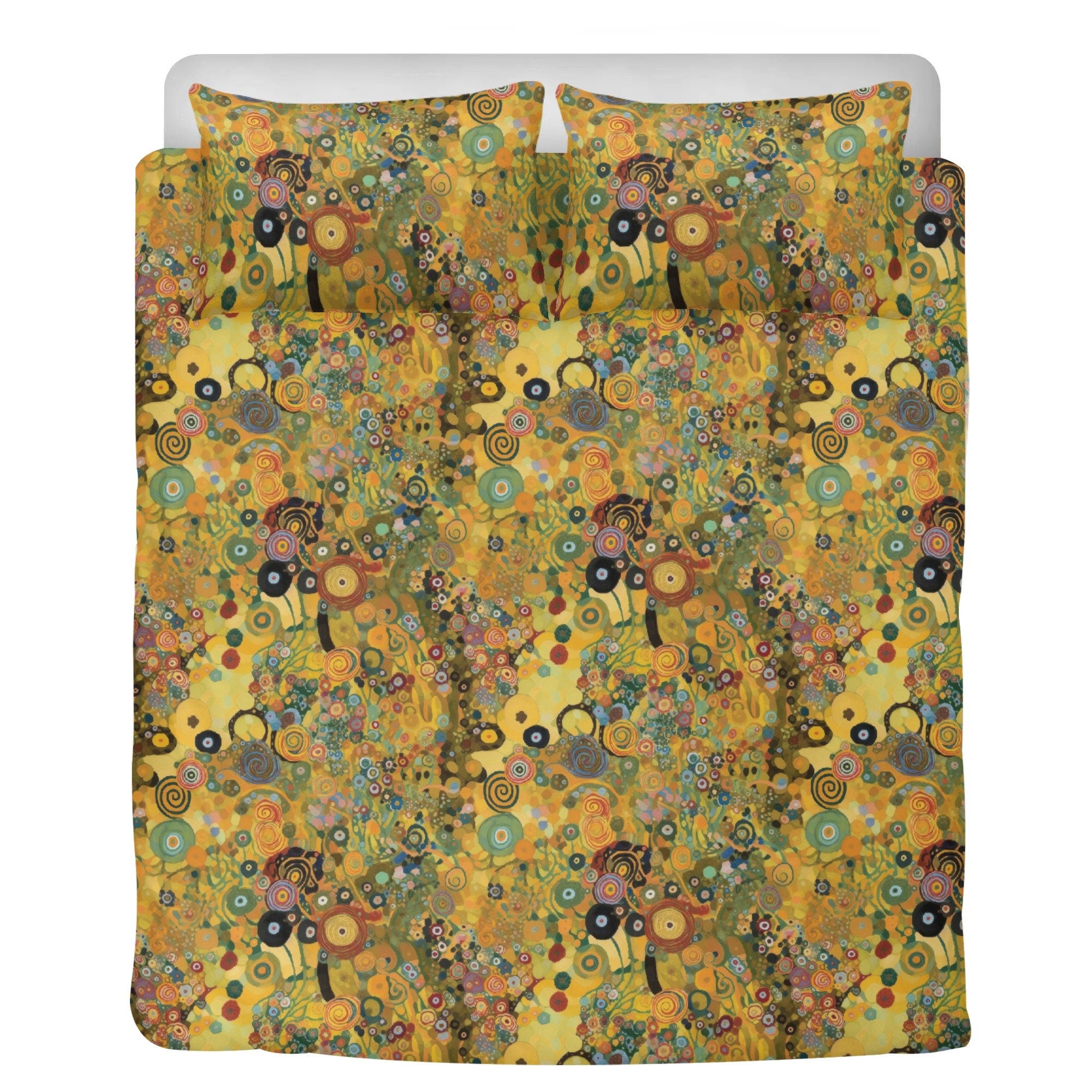 Klimt Floral Duvet Cover Set, Soft Polyester Bedding Yellow, The Kiss Inspired
