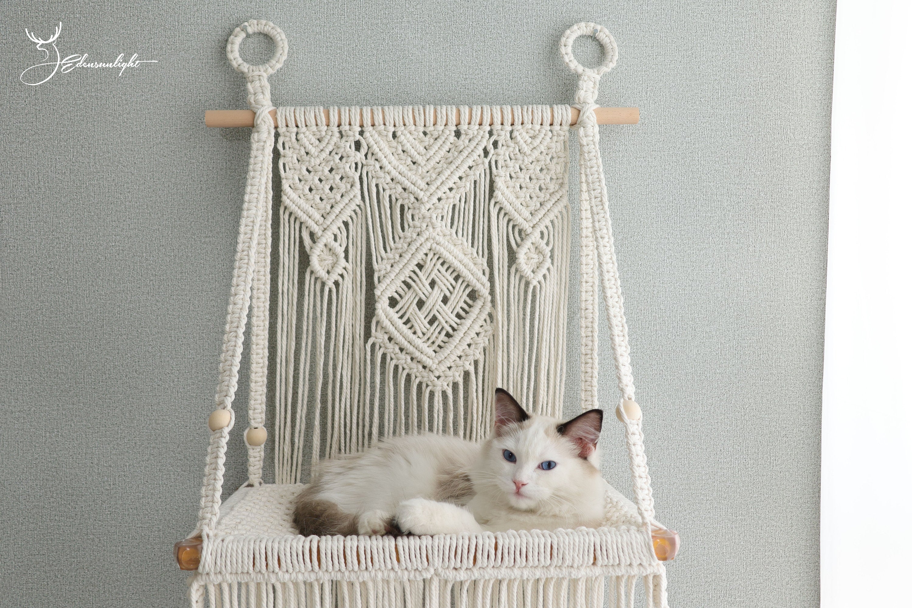 Macrame Cat Wall Bed, Solid Wood Cat Wall Furniture, Wall Hammock, Wall Step, Wall Shelf, Hanging Cat House, Cat Tree, Pet Furniture