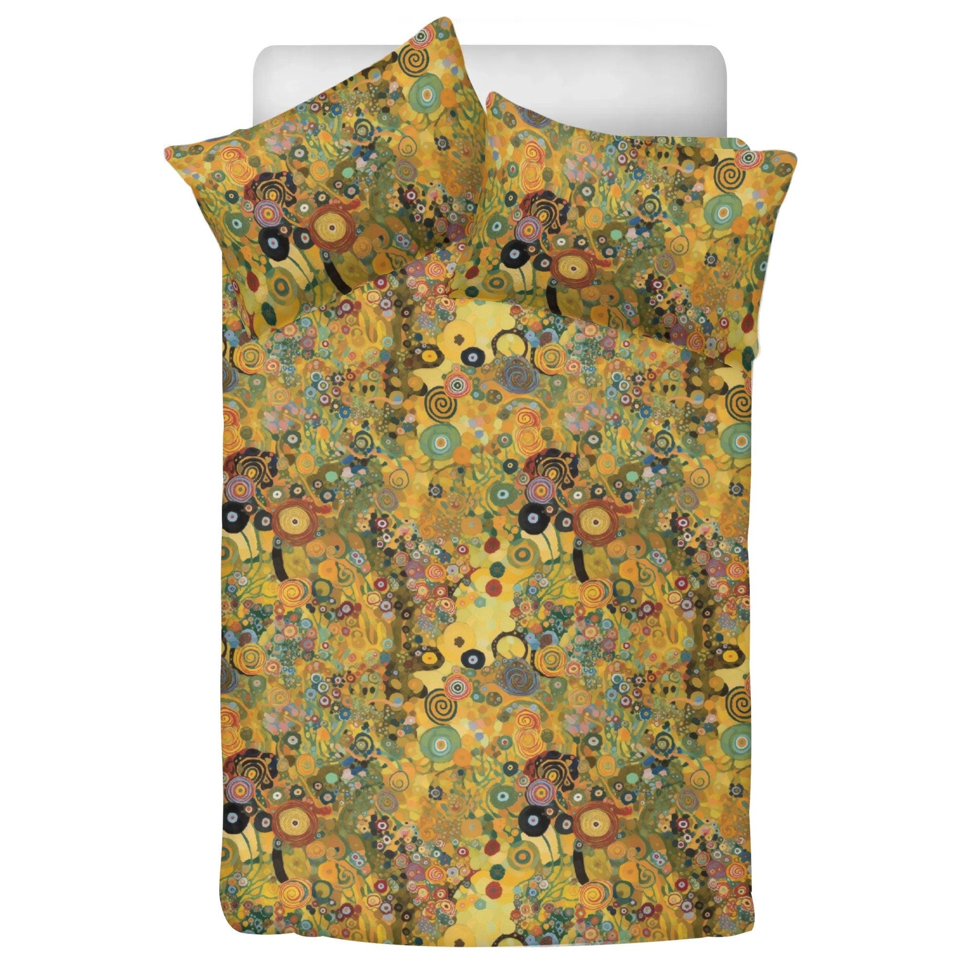 Klimt Floral Duvet Cover Set, Soft Polyester Bedding Yellow, The Kiss Inspired
