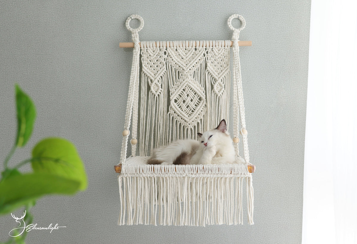 Macrame Cat Wall Bed, Solid Wood Cat Wall Furniture, Wall Hammock, Wall Step, Wall Shelf, Hanging Cat House, Cat Tree, Pet Furniture